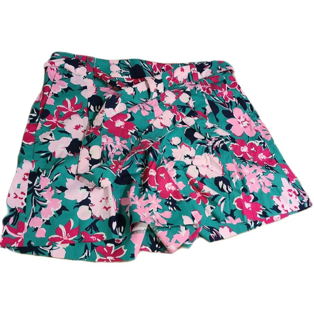 J Crew Pink Green Floral Print Shorts Womens Size 10 Pleats Belted Hawaii - Picture 1 of 13